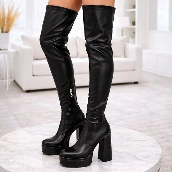 Thigh-High Black Platform Boots β Double Sole - Picture 9 of 15